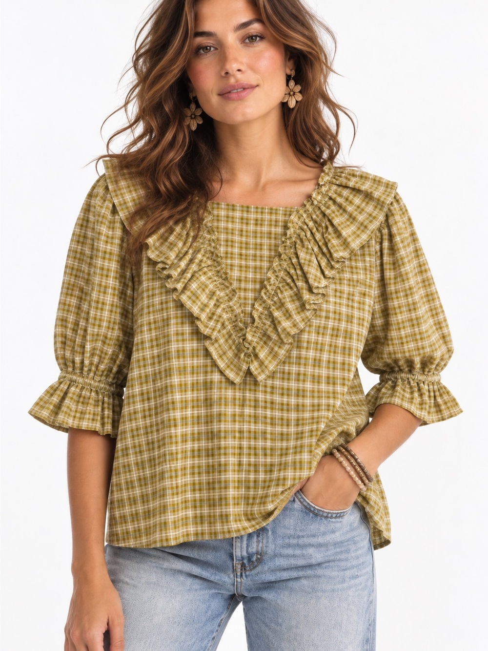 Anthropologie Blue Tassel Boxy Plaid Ruffle Blouse Yellow and White